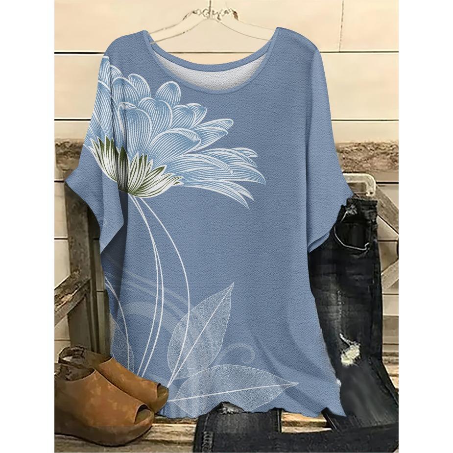 Plus Size Violet Kiss Leaf Women's T-shirts Fashion O Neck 3D Digital Printed Short Sleeved T-shirt