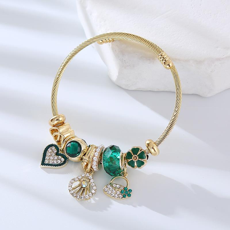 

Luxury Inlay Crystal Stereo Hollow Heart Flower Crown Pendant Adjustable Bracelets for Women Fashion Gold Color Bangle Jewelry зелёный