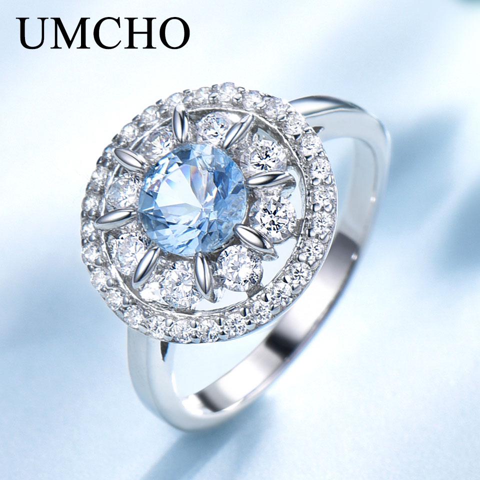 Umcho Sky Blue Topaz Ring Anniversary Birthday Valentine's Day Jewelry Gifts for Women Wife Her Girls