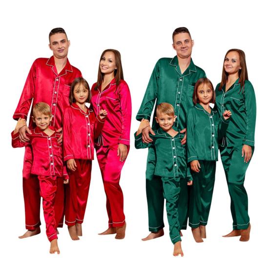 2Pcs/Set Christmas Pajamas Set Family Matching Xmas Pajamas Set Solid Color Smooth Fabric Festive Family Sleepwear