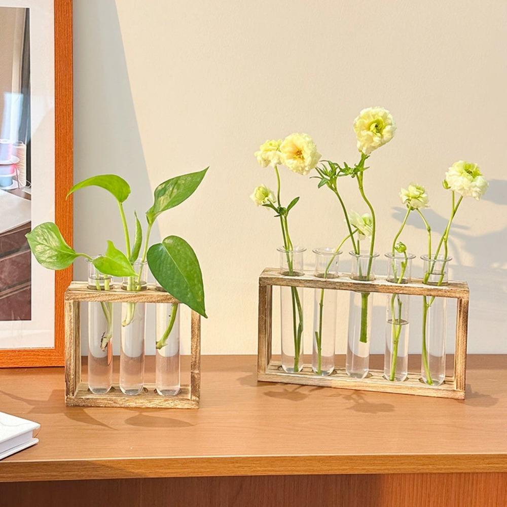 Creative Retro Hydroponic Green Plant Test Tube Vase Series Wooden Frame Vase Office Desktop Decoration Home Decoration