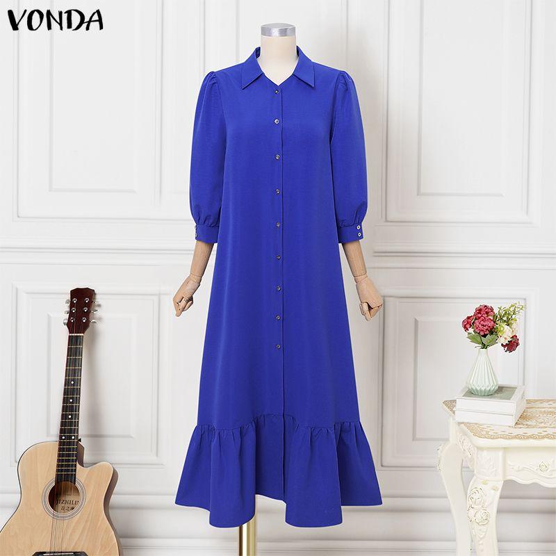 

VONDA Women Lapel Neck Long Sleeve Ruffled Hem Casual Long Elegant Shirts Dress M синий