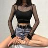 Beach Sexy Hollow Out Fishnet Long Sleeve Round Neck Women Slim Fit Crop Top