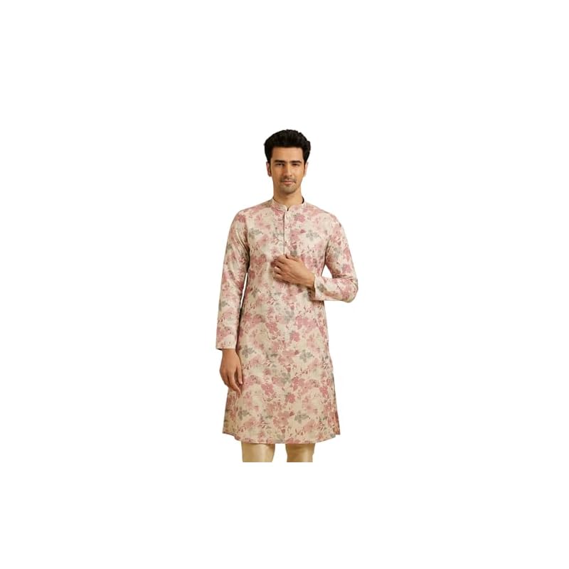 Manyavar Men' Linen Blend Digital Floral Print Long Kurta ( , )