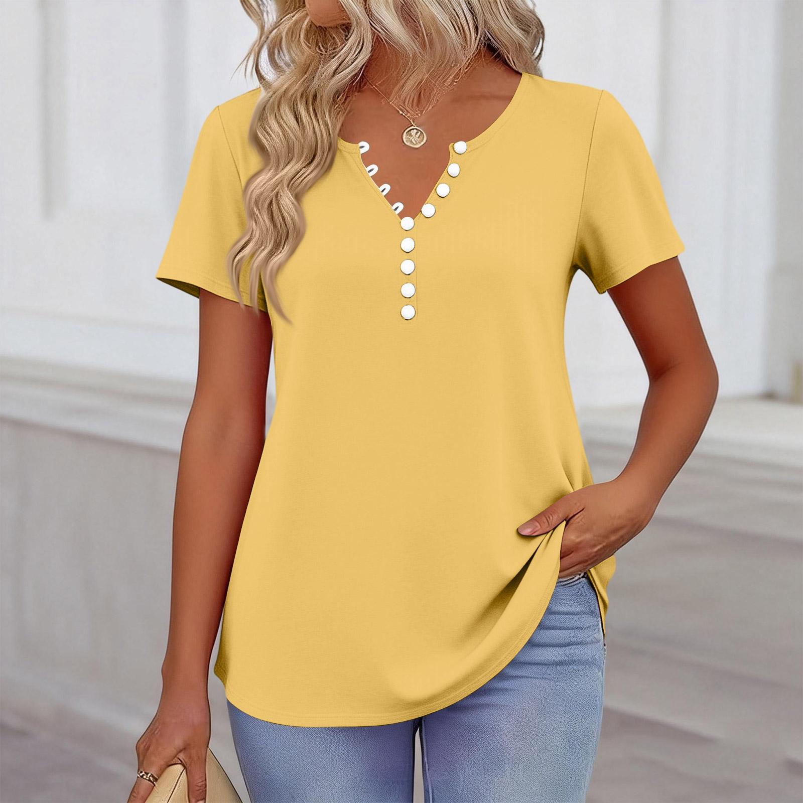

Women’s Casual Short Sleeve V Neck Button Front Blouse Comfortable Relaxed Fit Basic Summer Top for Daily Wear XL жовтий