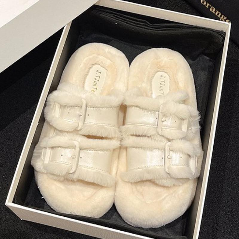 Buckle White Thick-Sole Fuzzy Slippers for Women, New Arrival, Warm and Cozy, Perfect for Outdoor Wear