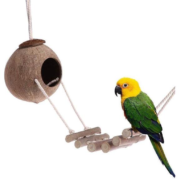 9-Piece Parrots Chewing Toy Set - Natural Wood & Rope Bungee Toys for Anchovies, Coconut Hideaway with Ladder, Bird Perch Stand, Cage Accessories for