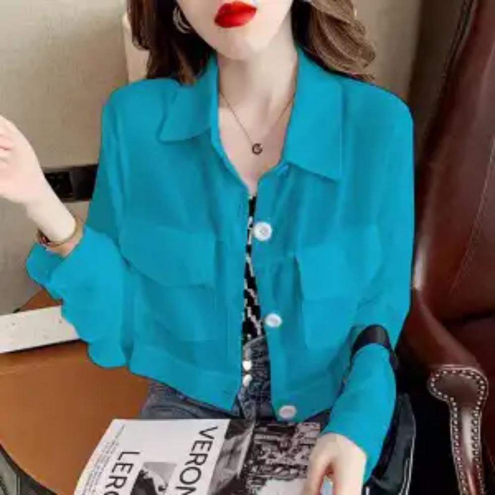 

Уличная мода Карманы Блузка Лето Новая Однотонная Все-сочетаемая Отложной воротник Повседневная Корейская Однобортная Прямая Рубашка XXXL синий