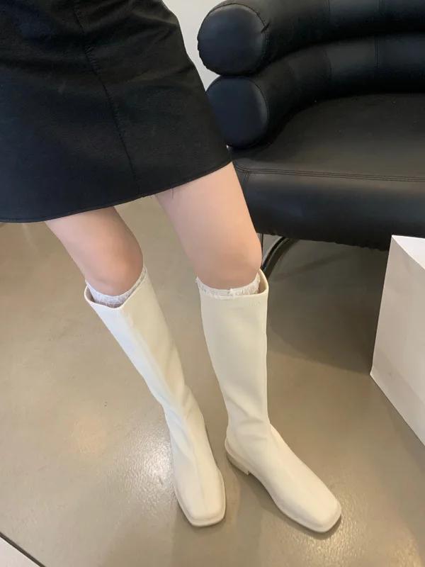 2024 Skinny Short Boots Female Head Knight Middle Heel Star Style Soft Leather  Boots Thick Heel Long Boots Platform Shoes
