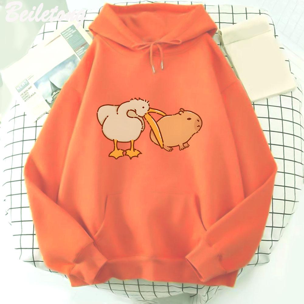 Funny Pelican and Capybara Hoodie Kawaii Woman Sweatshirt Spring Fashion Pullovers Girls Cartoon Long Sleeve Cloth