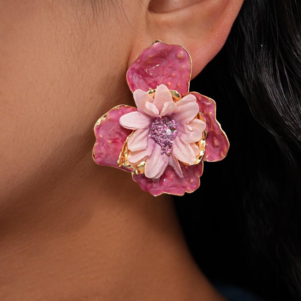 Iron Cloth Colorful Flower Earrings Oil Drip Floral Ear Studs Exaggerated Ear Pendant Summer