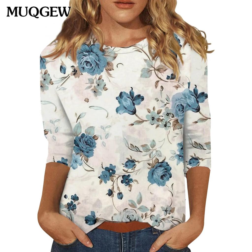 Sommer Damen T-Shirt Mode Blumenprint Tops T-Shirts Damenbekleidung Alltags Damen Oberteil Rundhals Locker Langarm Pullover