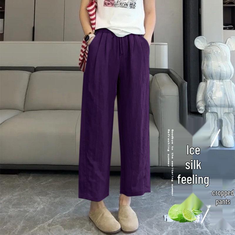 High-Waisted Cropped Ice Silk Trousers for Women - Summer Straight-Leg Sun Protection Pants 2026