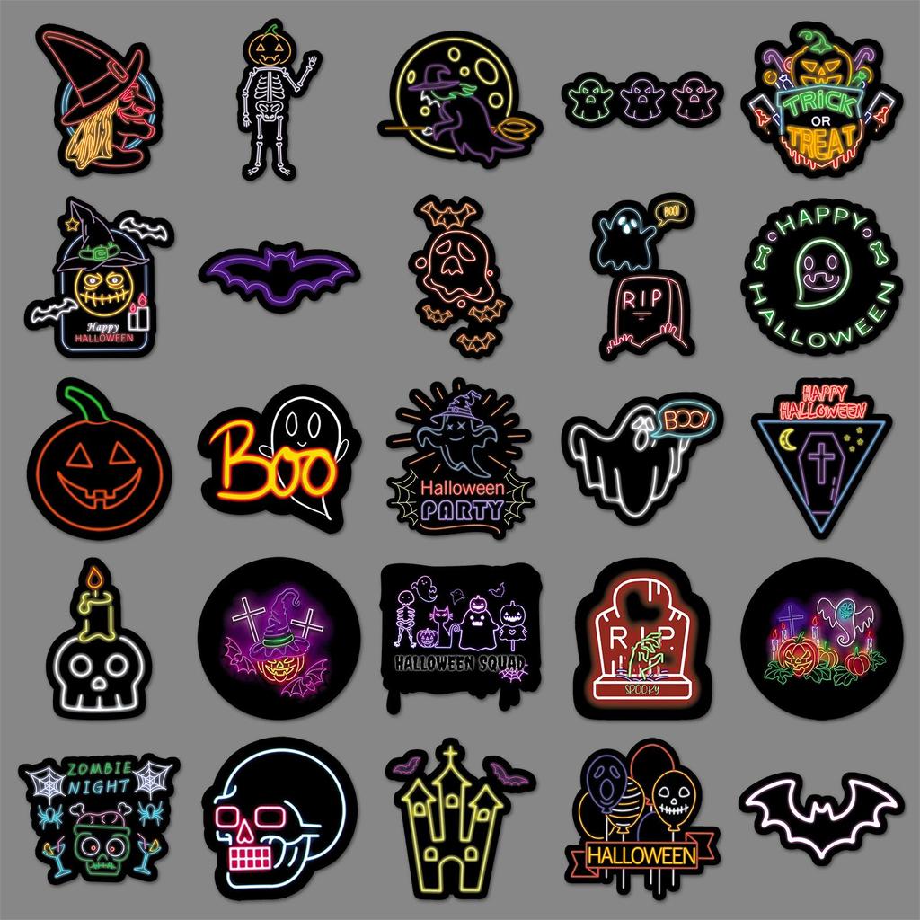 50 Adesivi Graffiti Neon di Halloween - Decorazioni da Festival Cartoni Animati per Valigie e Custodie per Telefono