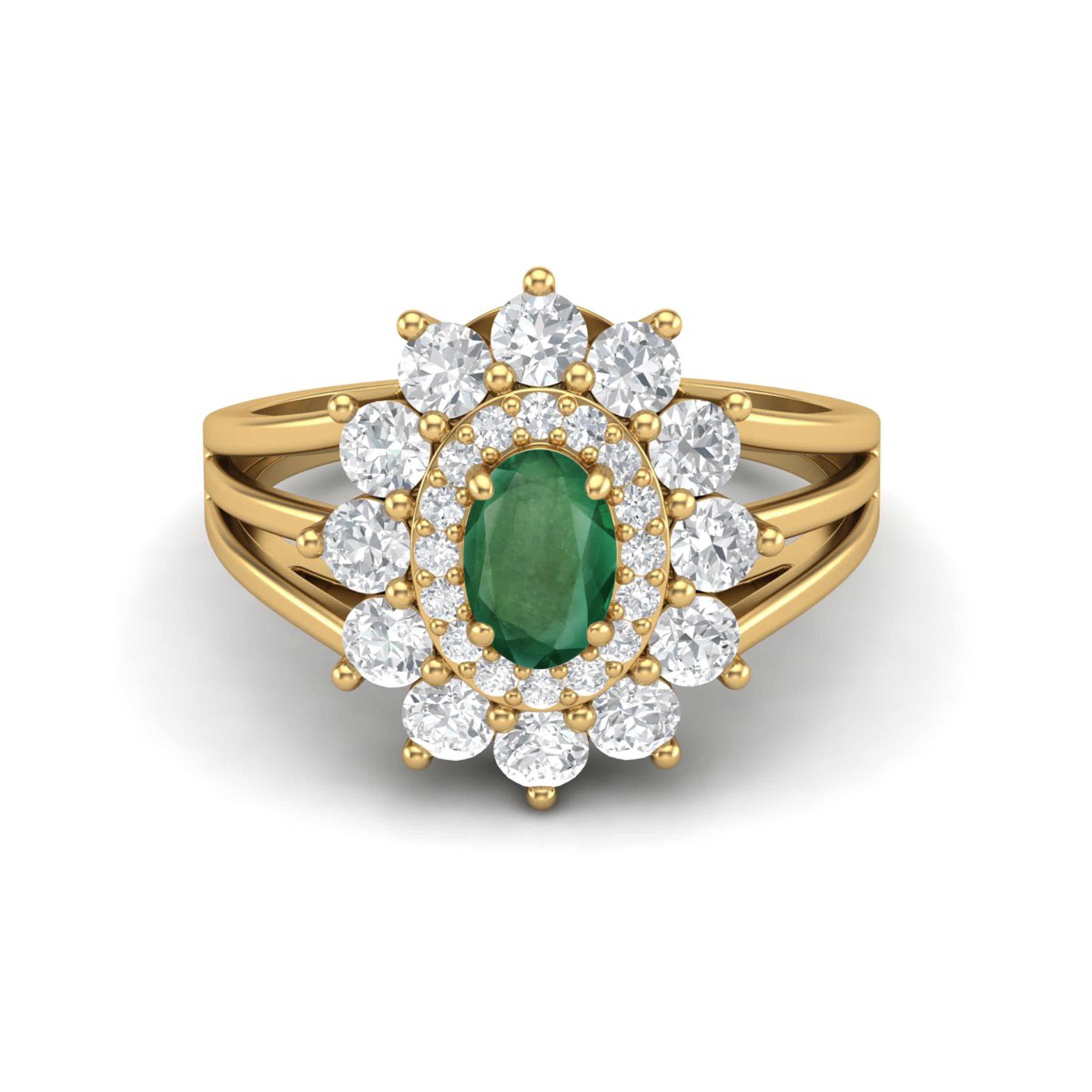 

6X4MM Oval Emerald Gemstone 925 Sterling Silver Gold Plated Halo Split Shank Ring 9.5 жовтий