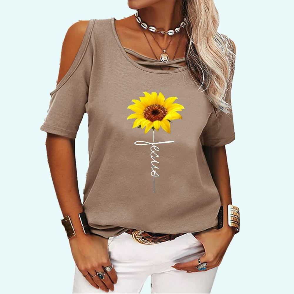Women Fashion Off Shoulder Top Summer&fall Round Neck Short Sleeve Tee Shirt Ladies Casual Floral Print T-shirt