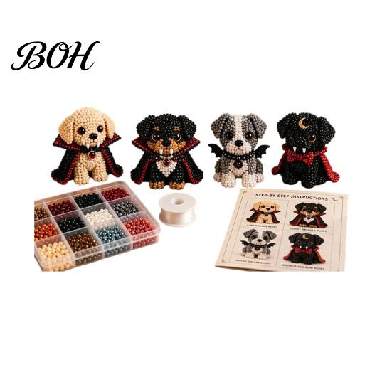 Creative Hobby Sets Halloween Dog Bead Art Set, DIY 4 Beaded Puppy Figurines, 3D Craft Kit for Kids Adults Teens, Holiday Decoration Handmade