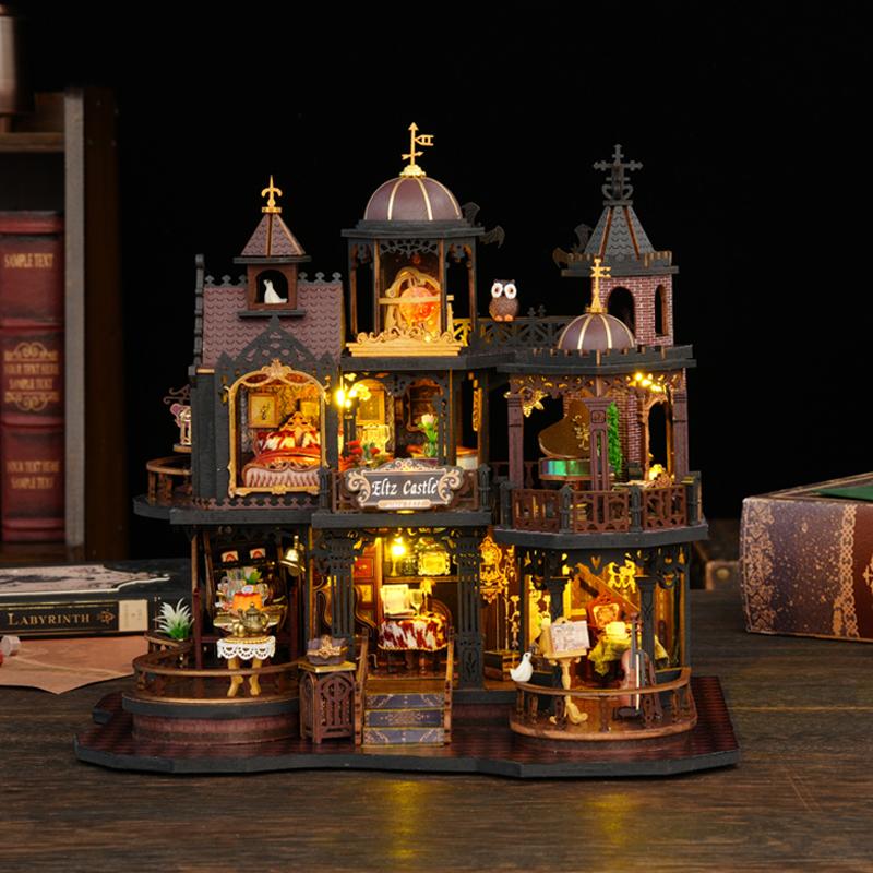 Dřevěné puzzle DIY Hrad Edinburgh Figurky Domů Miniatury Sady S LED Světly Domeček pro panenky Domácí Dekorace Pro Dospělé Ručně vyráběné Dárky