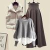Women Large Loose Fake Two-piece Sweater Versatile Vest Slimming Half Skirt Three Piece Set