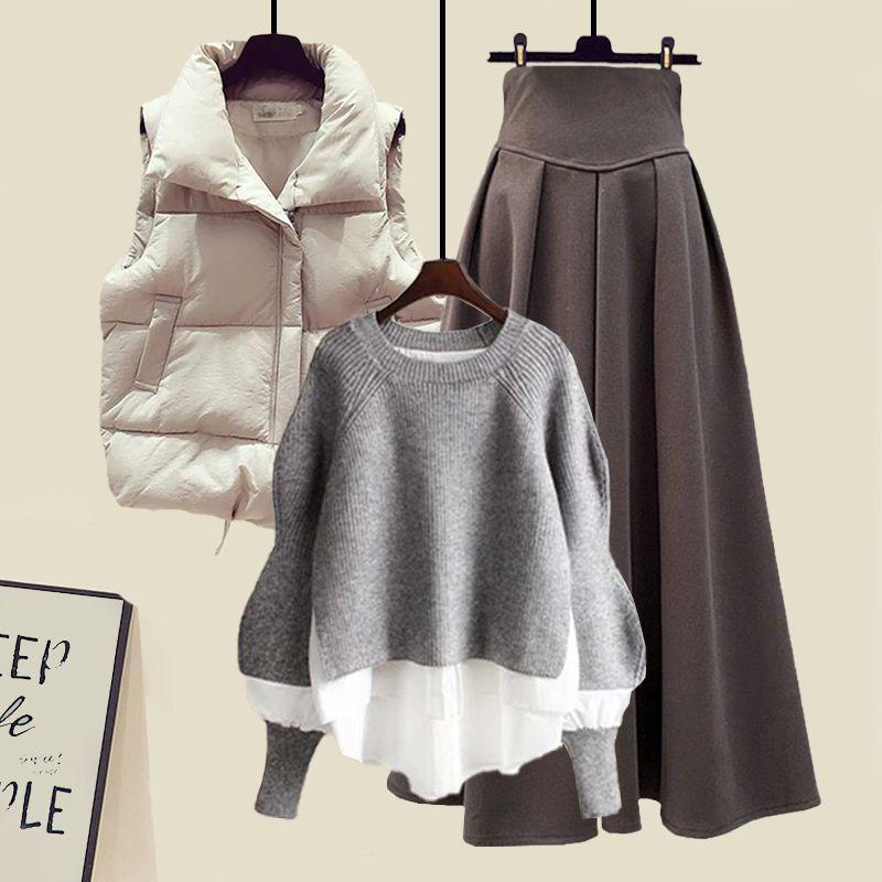 Women Large Loose Fake Two-piece Sweater Versatile Vest Slimming Half Skirt Three Piece Set