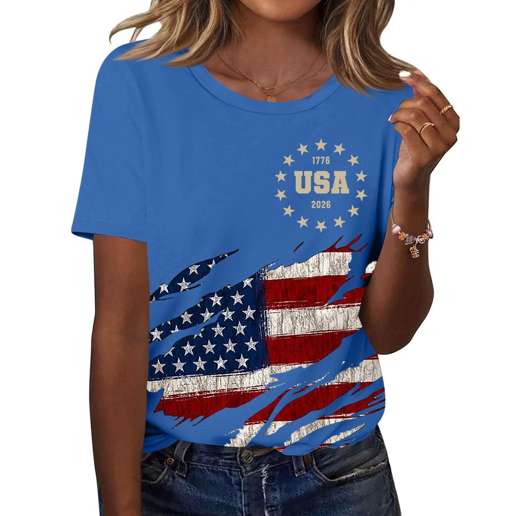 Damski modny, swobodny, krótki rękaw, nadruk, okrągły dekolt, bluzka typu pullover