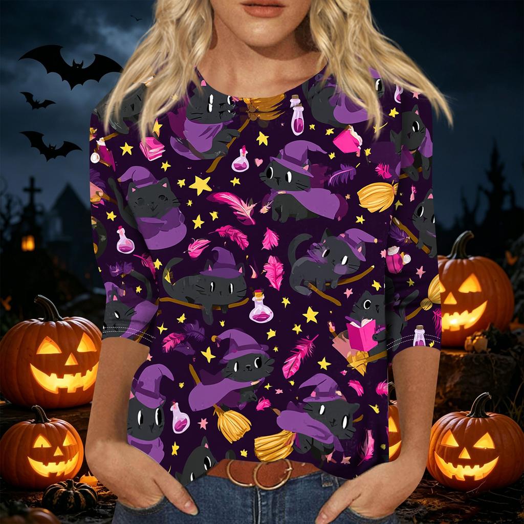 Women Casual Three Quarter Sleeve Halloween Print Round Neck Top Lightweight Comfortable Fit Seasonal Shirt for Everyday Wear