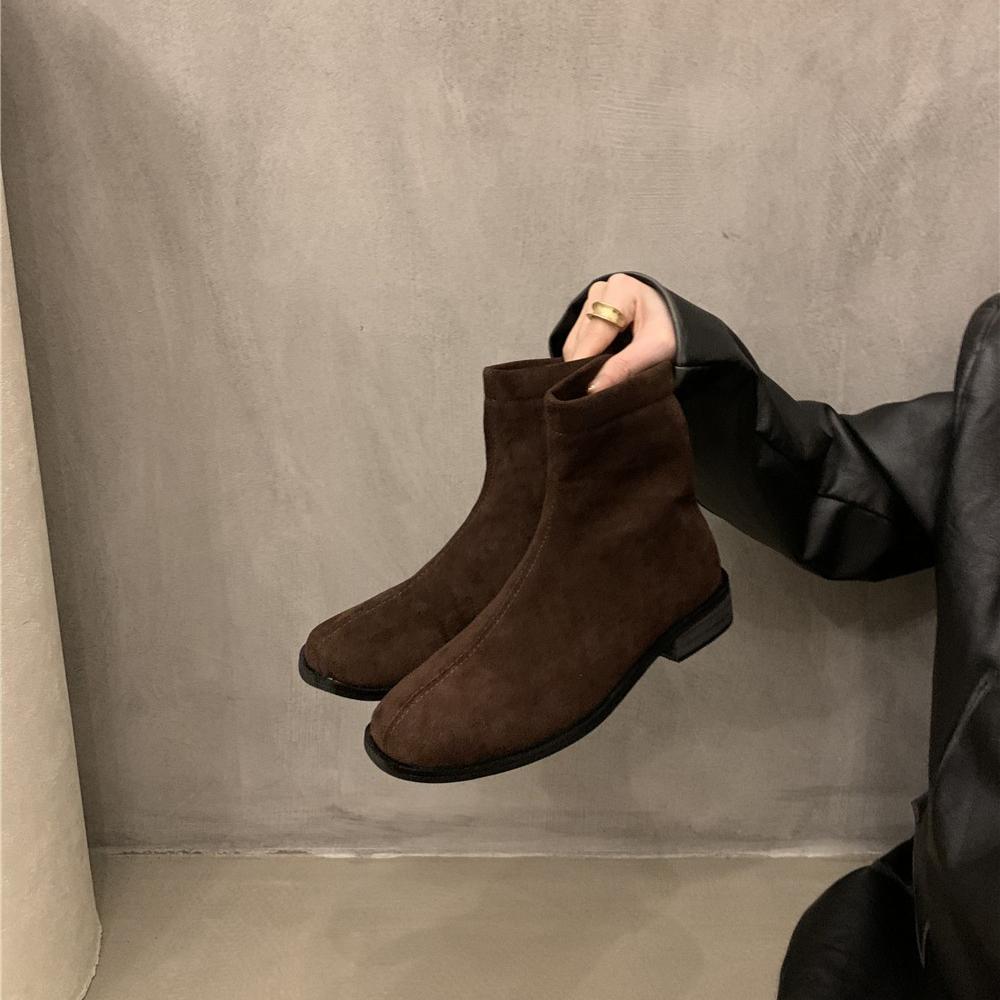 

Повседневные короткие ботинки для женщин с квадратным носком, низким толстым блочным каблуком, ботильоны с молнией, женские удобные ботинки из искусственной замши для ходьбы, челси 40 коричневый