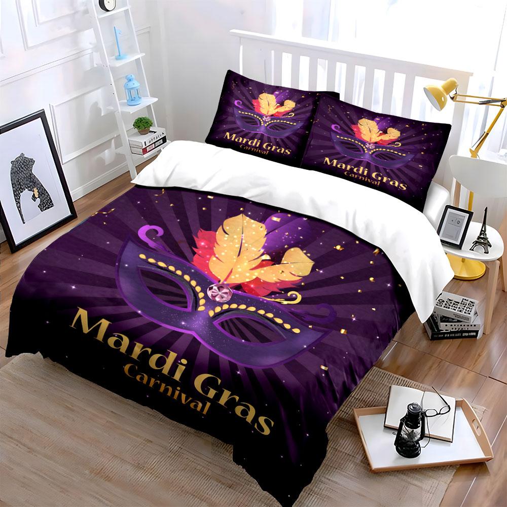 Mardi Gras Carnival Party Decorations Bedding Set with 1 Duvet Cover 2 Pillowcases Single Double King Queen, Gift