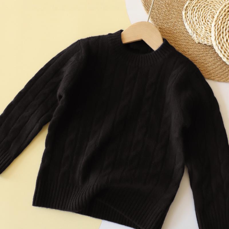 Unisex Children's Wool Sweater, Autumn/Winter 2025 - Solid Color Cable Knit Pullover with Round Neck