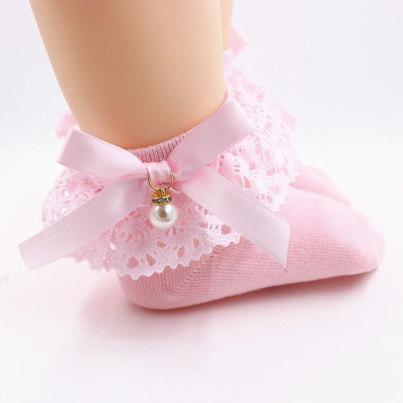 Baby Girl Princess Lace Ruffle Socks Retro Frilly Pearl Bow Socks Sweet Kids Cotton Short Socks MYY