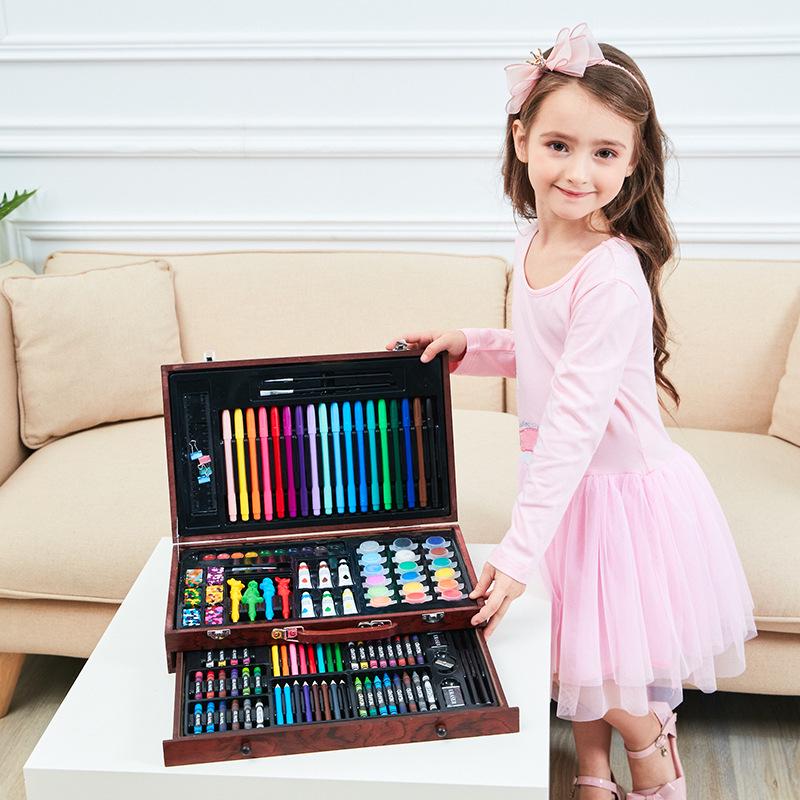 June 1st Gifts: Kids  Art Set - Wooden Box with Paintbrushes, Cartoon Crayons, Acrylics, and Colored Pencils 123pc Wooden Box