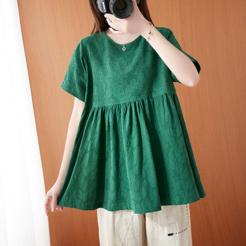 Sommer-T-Shirt in Übergröße für Damen, legere literarische Kurzarm-Oberteile mit großem Saum und Jacquard-Muster