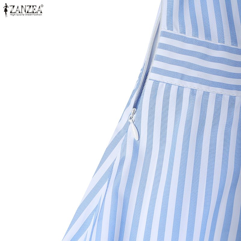 ZANZEA Women Casual V-Neck Short Sleeve Bows Splice Stripe Print A-line Dress
