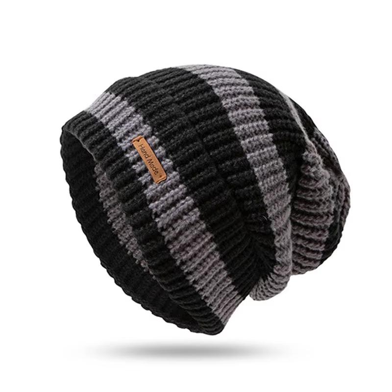 

Корейская полосатая шапка-бини для женщин, зимняя защита ушей, шапка-скулли, модные теплые толстые вязаные шапки из шерсти темно-серого