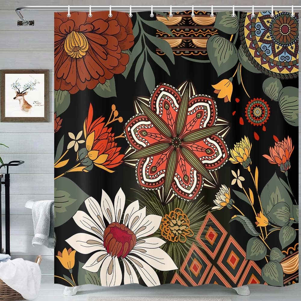 Abstrakcyjna Boho Kwiatowa Botaniczna Zasłona Prysznicowa, Mid Century Morden Boho Botaniczne Kwiaty Tropikalne Liście Zasłona Łazienkowa, W