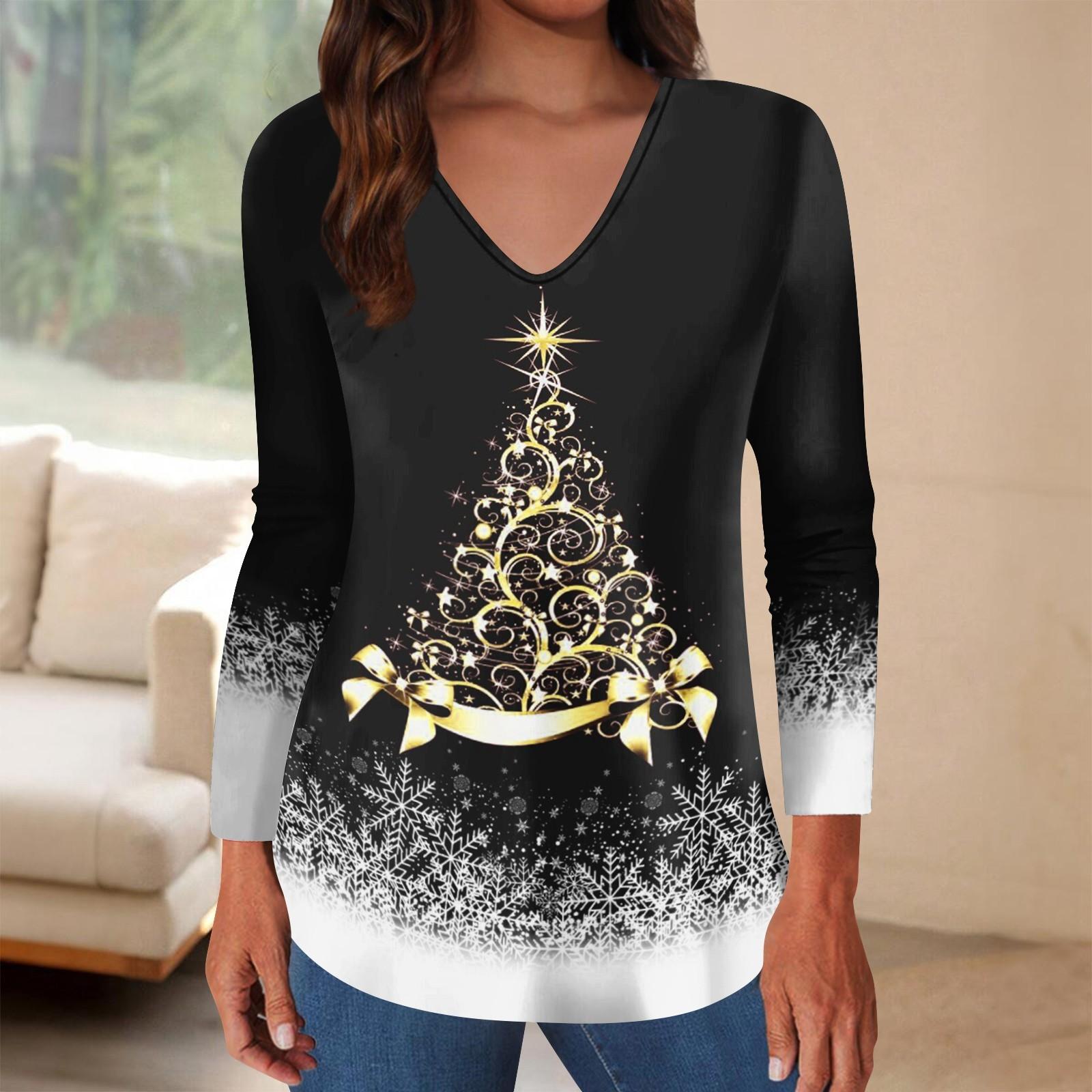 

Long Sleeve Shirts For Women Christmas Print Graphic Tees Blouses Casual Plus Size Basic Tops Pullover XL чорний