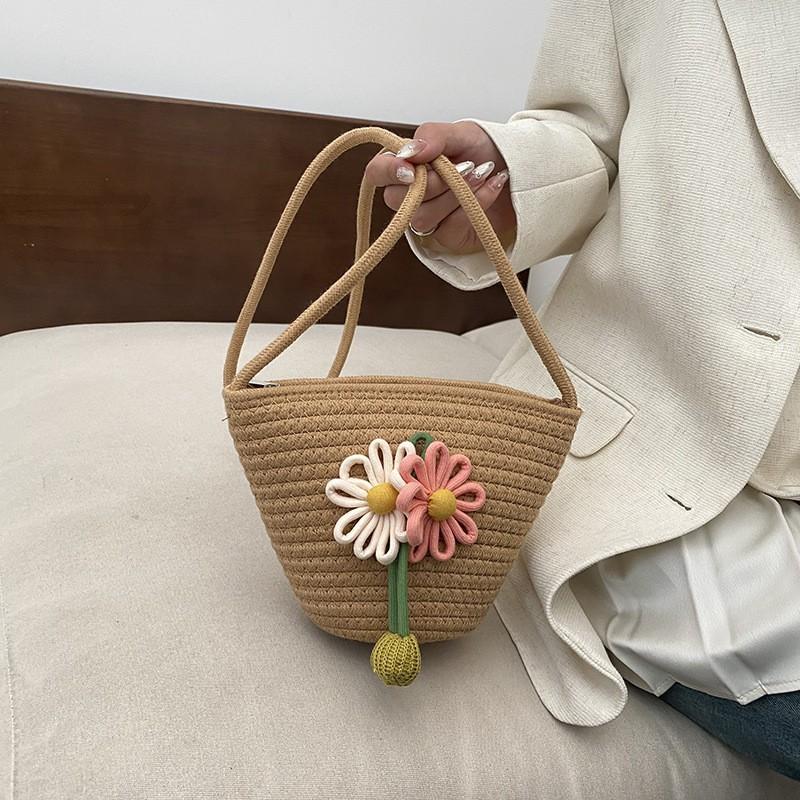 Cotton Rope Woven Bag Cute Flower Shoulder Ins Bucket Women's Beach Cross-body