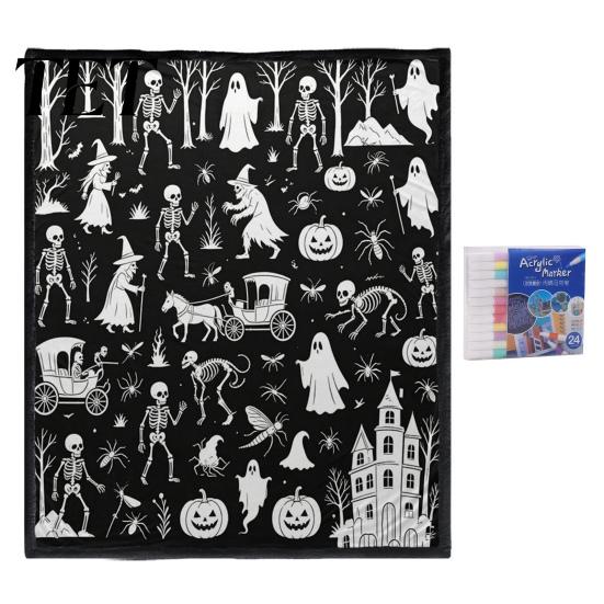 Cozy Warm Throw for Sofa Halloween DIY Coloring Blanket with 24 Markers, Washable Blanket, Color Art Therapy Relaxation Your Own Spooky Pattern