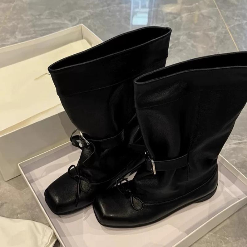Fashion Retro Low Heel Mid-Leg Boots Women's Spring and Autumn New Square Toe Sleeve Bow Metal Belt Buckle Non-Slip Shoes