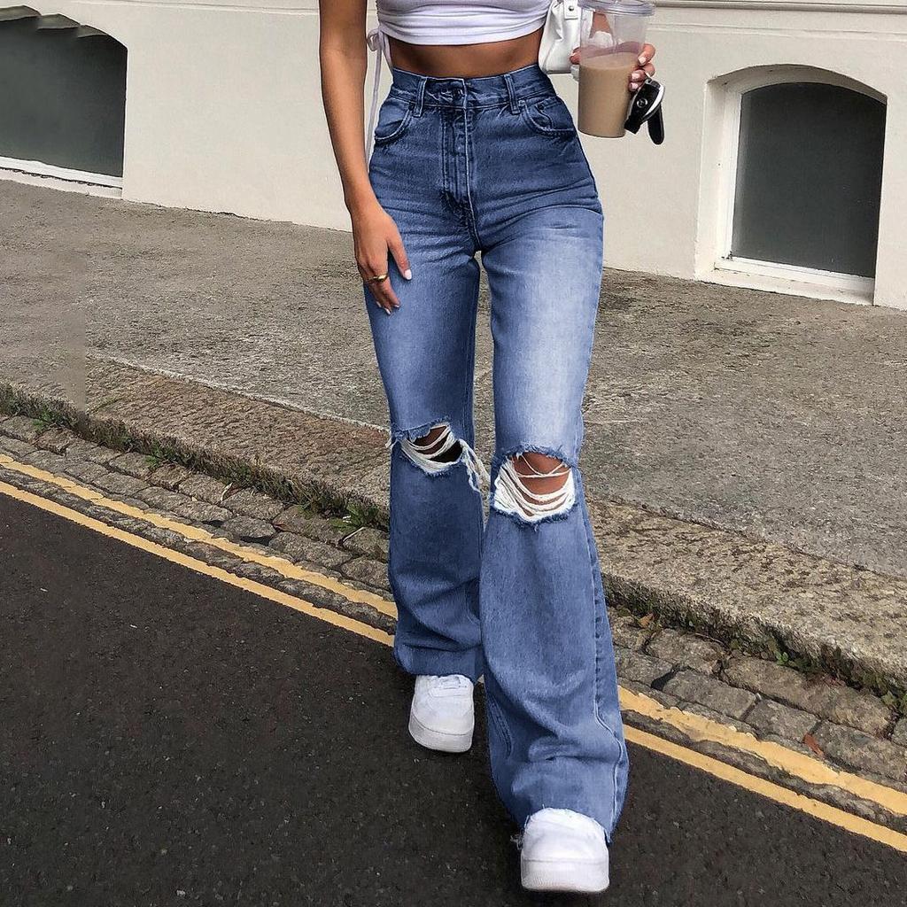 Weitbeinige Jeans, lange Hosen, Löcher, leicht ausgestellt, Streetwear-Stil, hohe Taille, Damenjeans
