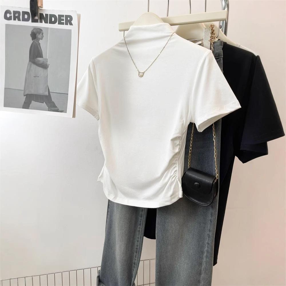 

Новая летняя стильная футболка с короткими рукавами и полуворотником для женщин, простой плиссированный дизайн, тонкий короткий топ XL белый