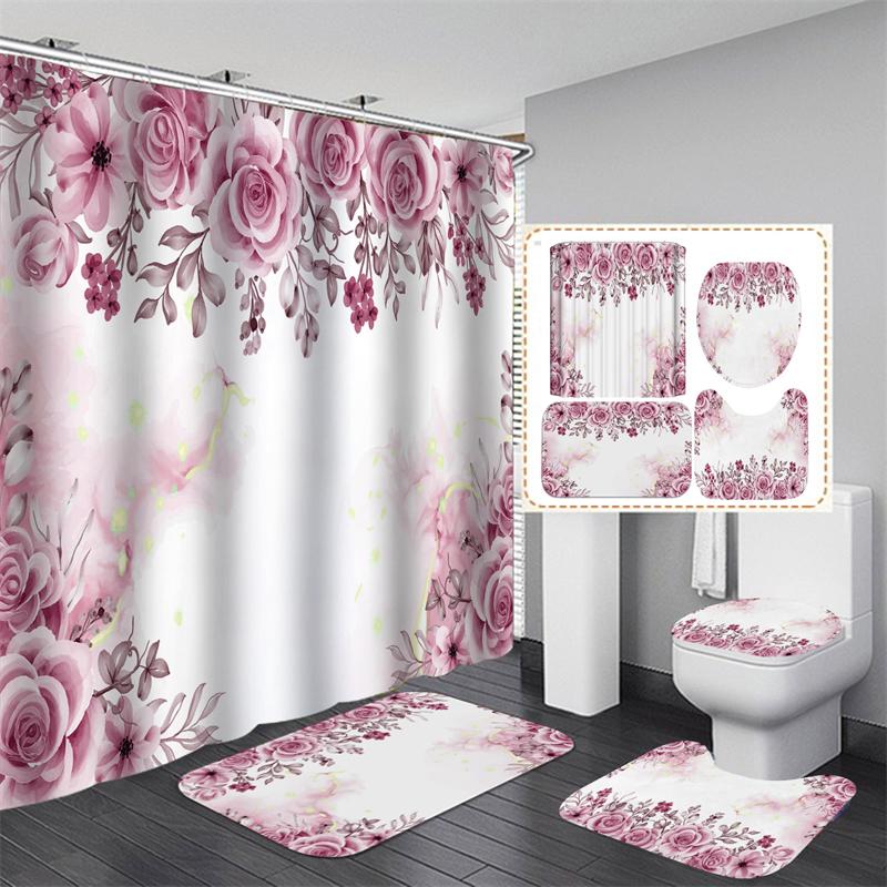 Perdele de duș cu trandafiri cu flori Perdele de baie din poliester impermeabil cu cârlige Perdeau pentru cadă Covoare moi pentru podea Covoraș de baie anti-alunecare Decor baie 4buc