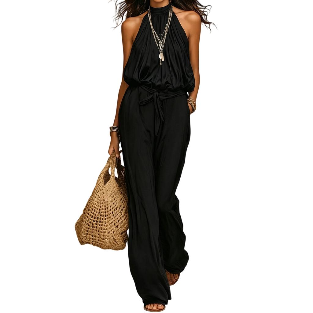 Women's Color High Waist Wide Leg Jumpsuit Sleeveless with Tie Belt for Summer Vacation