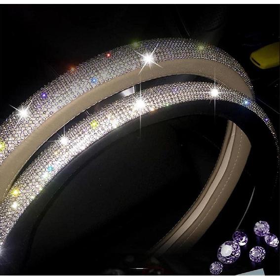 Bling Diamond Beige Leather Steering Wheel Cover Sparkly Crystal Glitter Rhinestones Car Wheel Protector for Women Girl fit