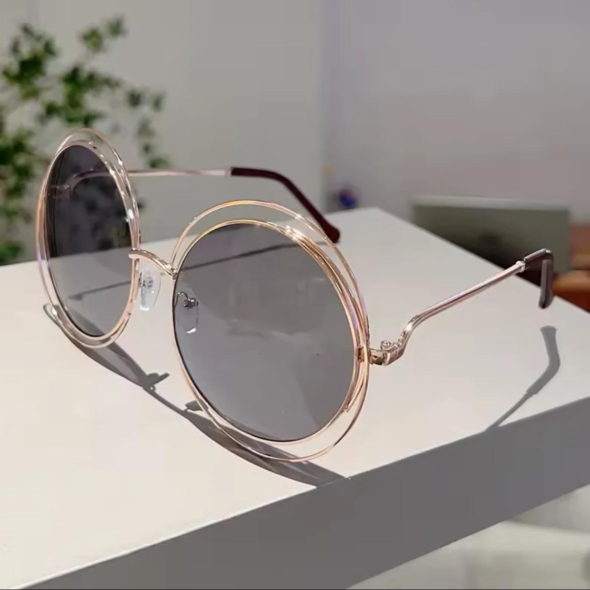 

Vintage Oversized Round Sunglasses Women For Men Sun Glasses Punk Popular Big Frame Luxury Brand Designer Hollow Metal Shades