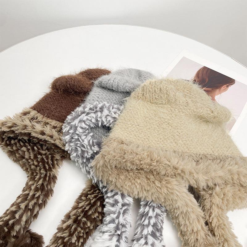Cat Ears Contrasting Pigtails Knitted Hat Women's Winter Outdoor Warm Ear Protection Bear Hat Showing Face Small Pullover Wool Hat