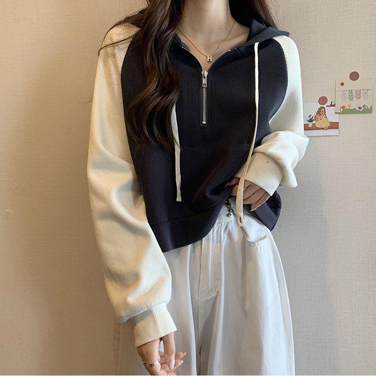 Plus Size Women's Color Block Hoodie with Patchwork Raglan Sleeves - Autumn/Winter 2025 Korean Style Zippered Hooded Top