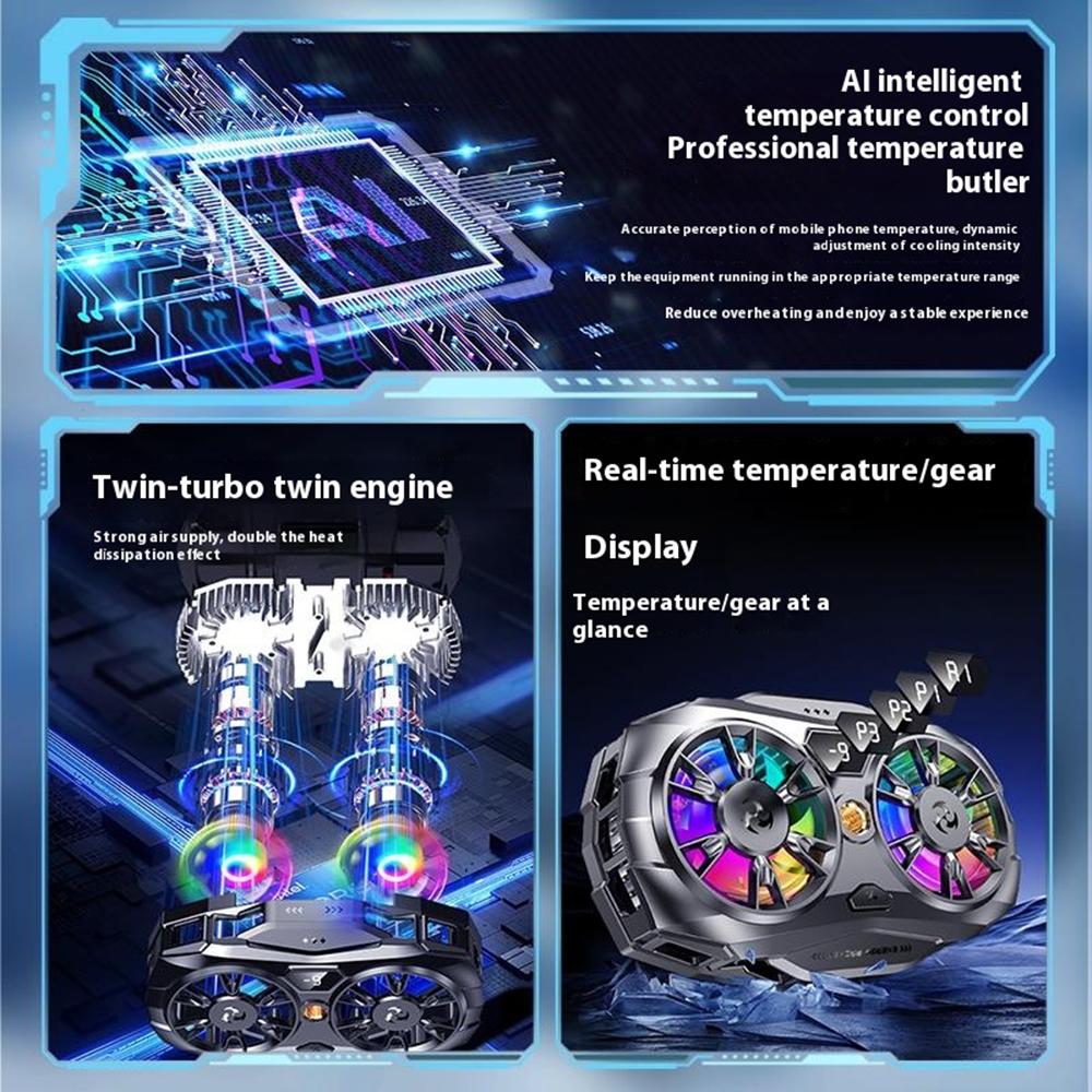 K19 Mobile Phone Cooler Fan Radiator with Digital Display/Dual Fans/RGB Lighting/Adjustable Speed