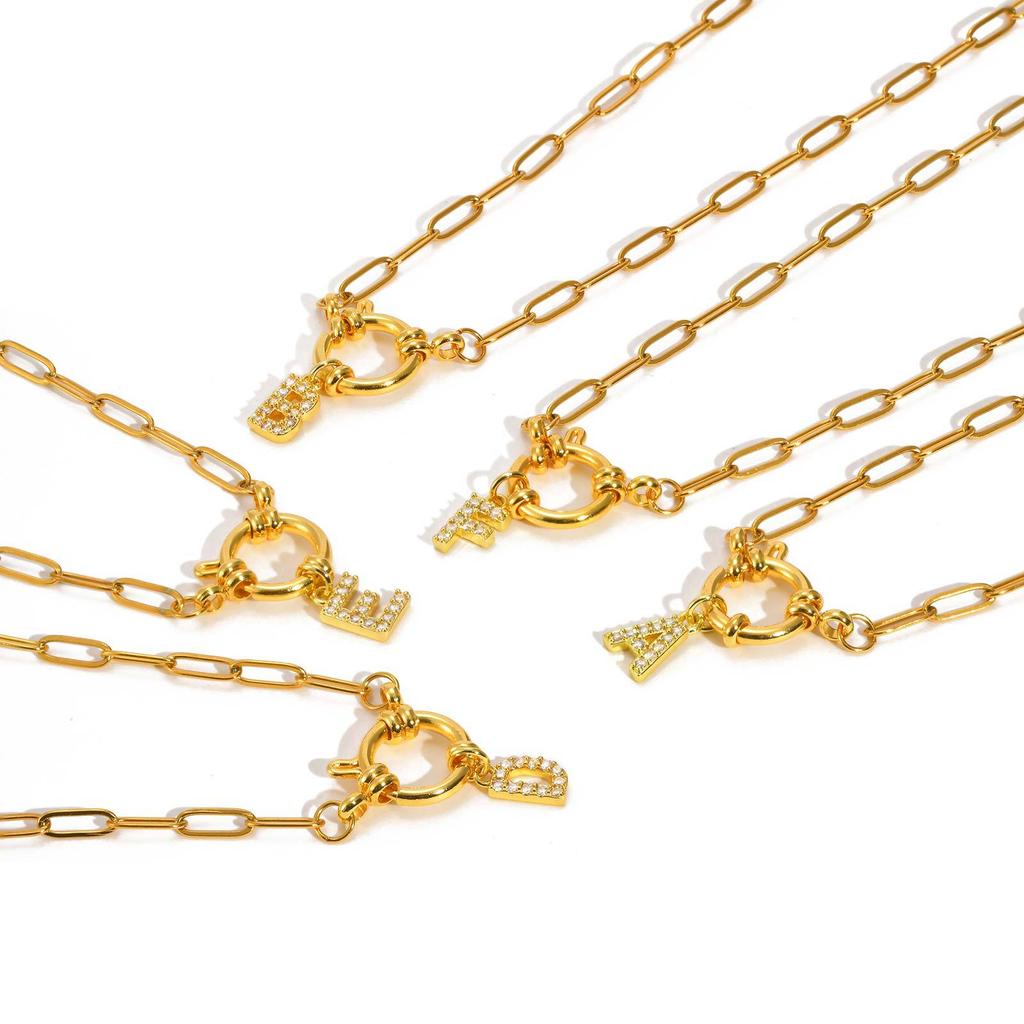 Stainless Steel Plated 18K Gold Stylish Simple Small Square Chain Bubble Buckle Copper 26 Letter Necklace Nc-1887