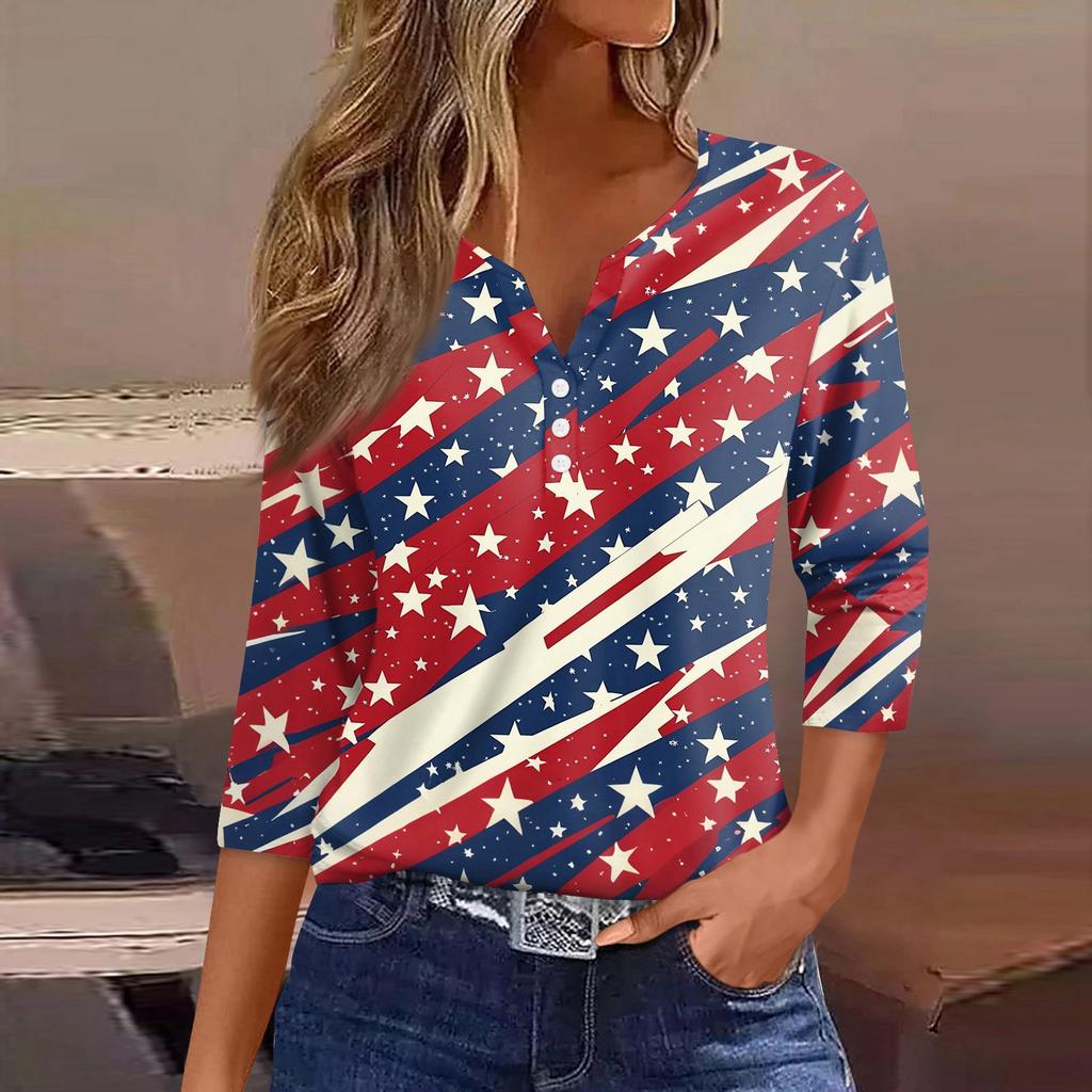 Women's T Shirt Independence Day Print Button 3/4 Sleeve Daily Weekend Fashion Basic V- Neck Regular Top